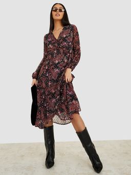 Styli - Long Sleeves Floral Paisley Wrap Midi Dress